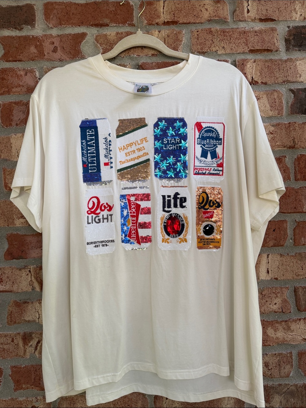 Queen of Sparkles Beer Sequin Graphic Tee White XL